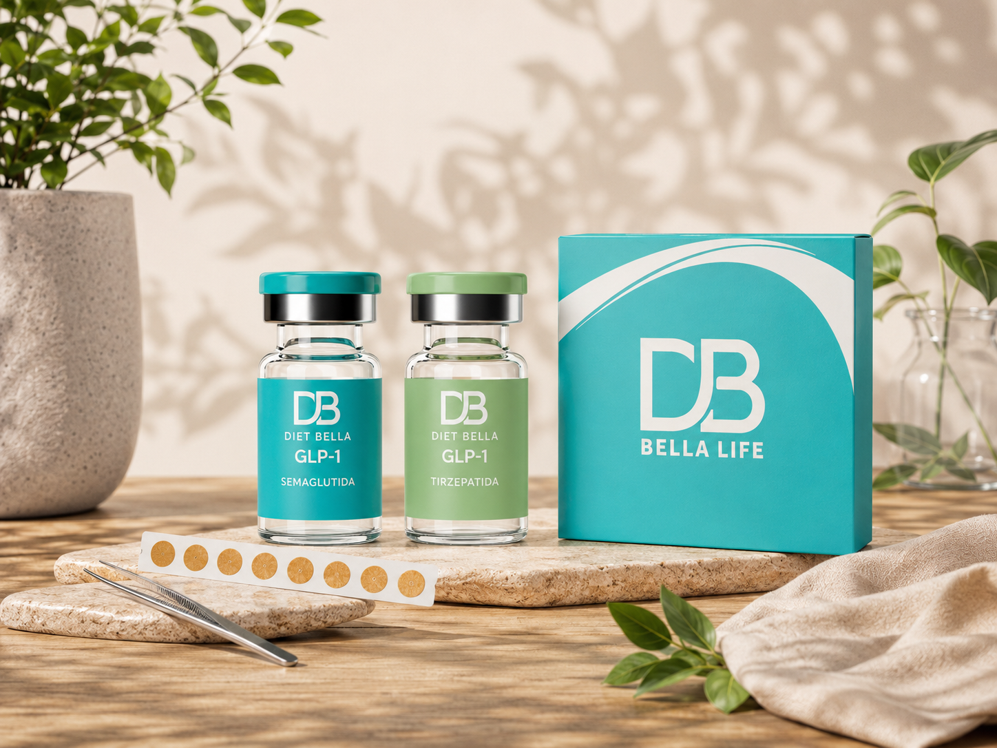 Diet Bella GLP-1 semaglutida y tirzepatida junto a kit auricular Earseeds 2.0 sobre fondo natural, enfoque en bienestar integral y pérdida de peso saludable